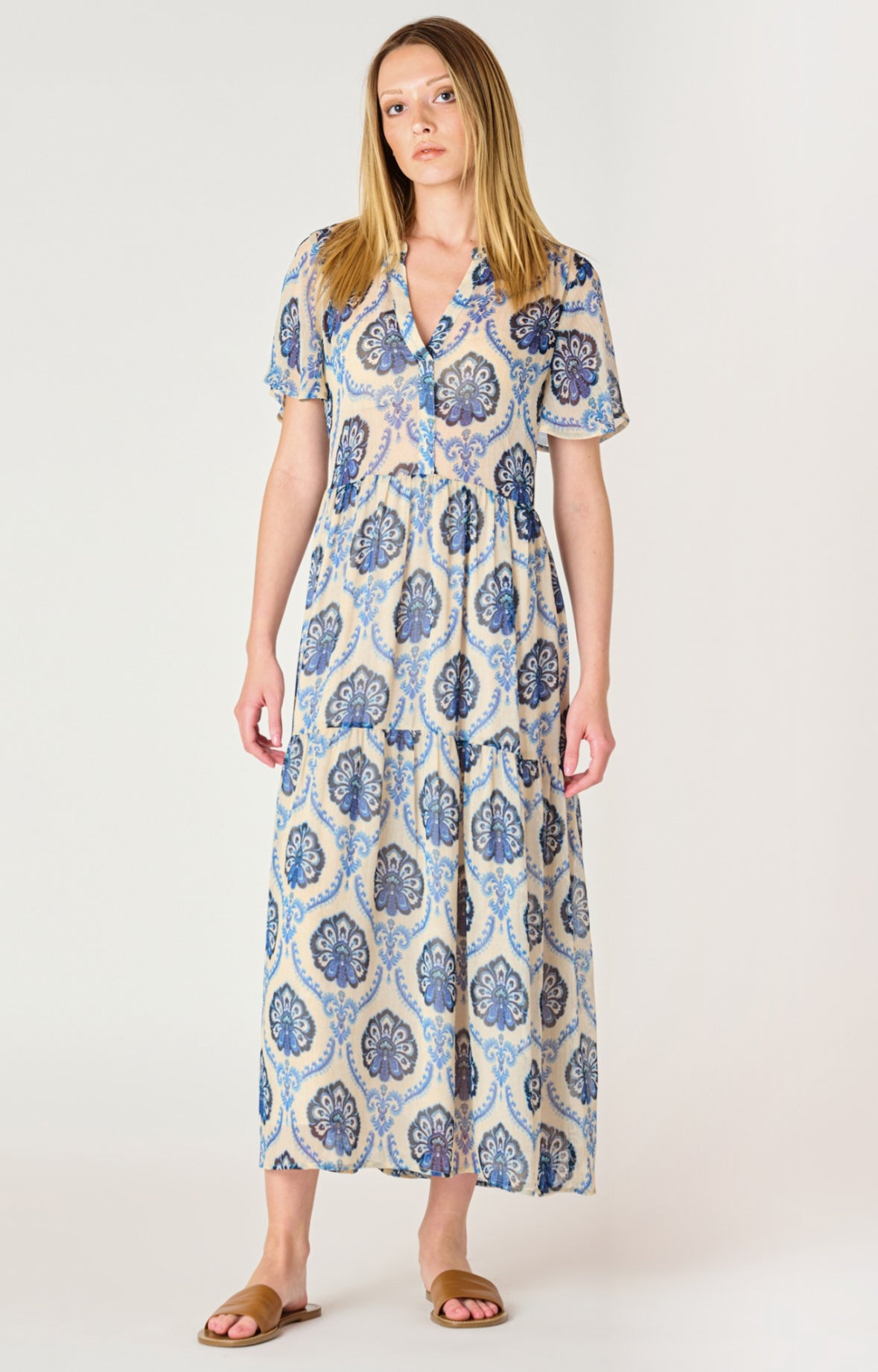 Flowy Midi Shirt Dress | Blue Medallion