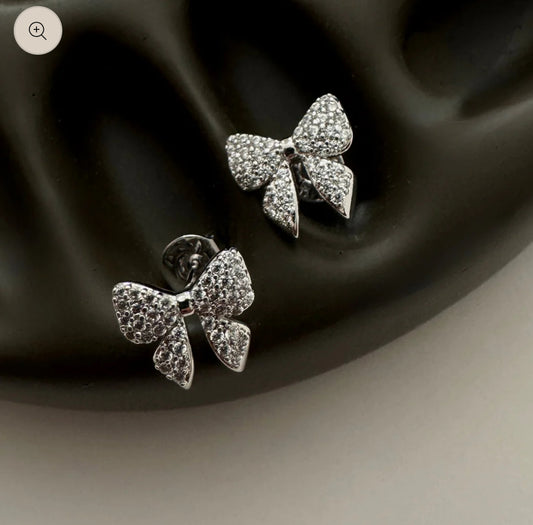 Pave Bow Studs- Silver
