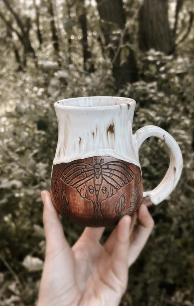Moth Mushroom Mug hand carved