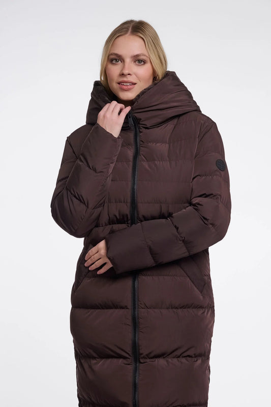 KEILAFUR LONG PADDED HOODED COAT / Pleated Brown Leppard