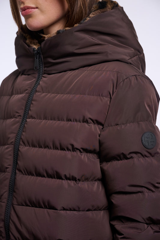 KEILAFUR LONG PADDED HOODED COAT / Pleated Brown Leppard