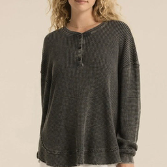 Jaz Cozy Waffle Henley | Washed Black